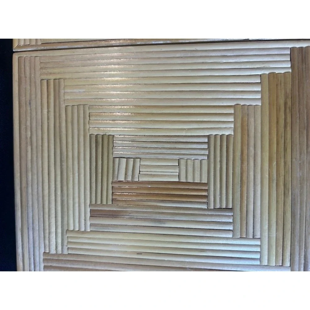 Vintage Marquetry Wood Folding Double Picture Frame Straw Art Geometric Brown